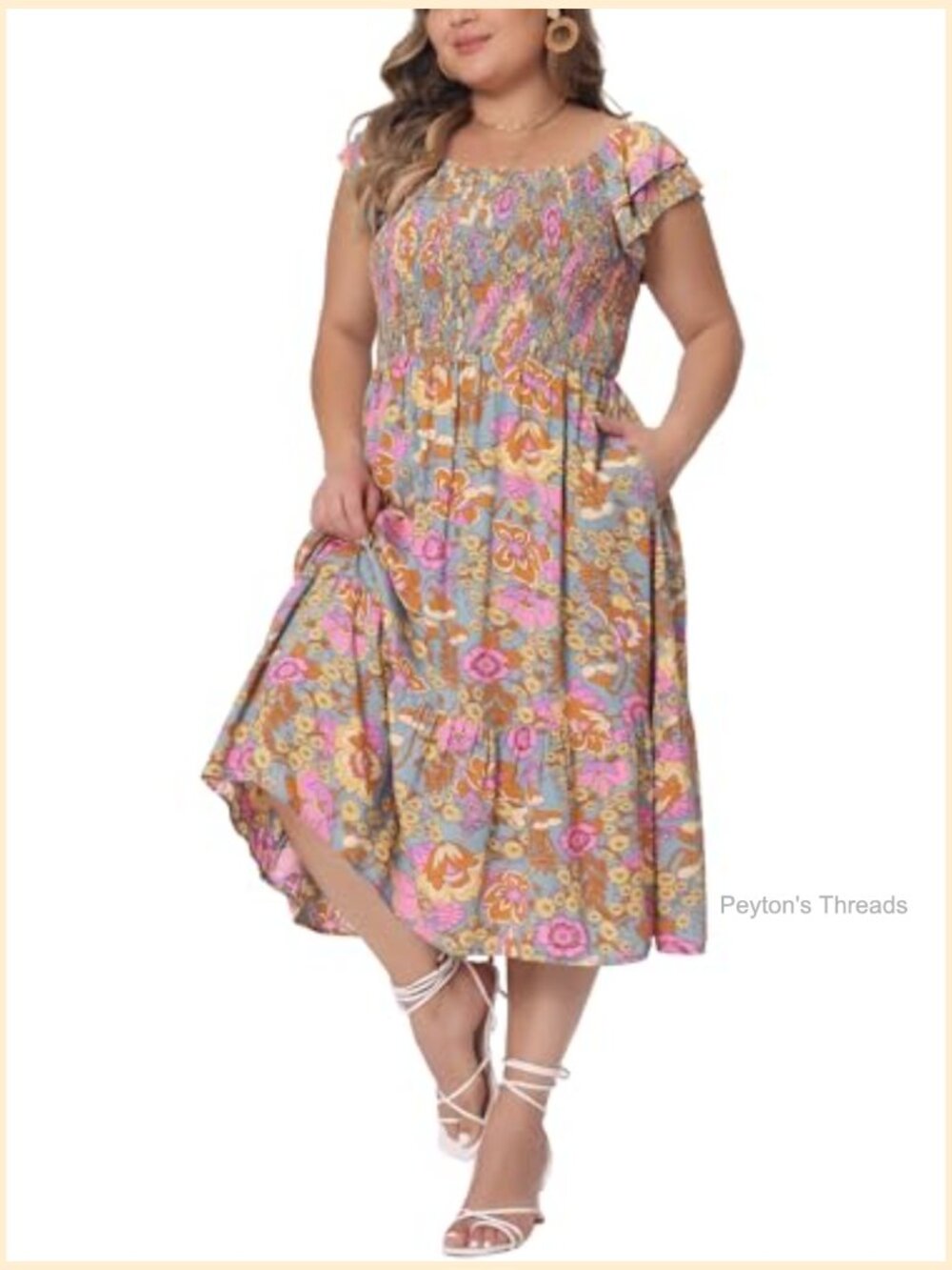Plus Size Square Neck Flutter Sleeve Smocked High Waist Flowy Midi Dress - Picture 2 of 5
